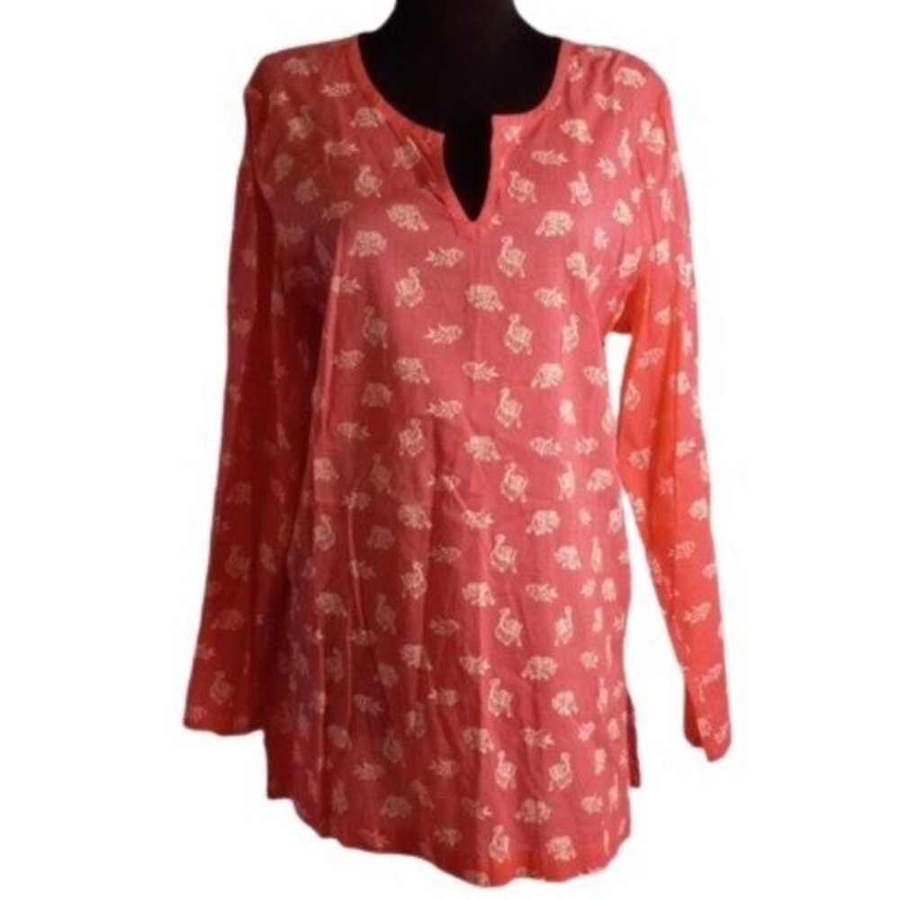J. Jill Size M Womens Coral Elephant Fish Print Long Sleeve Blouse